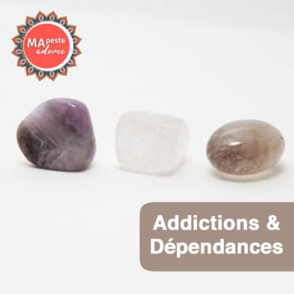 Ceci est un kit de 3 pierres naturelles roulées sur le thème des addictions et des dépendances