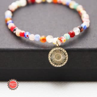 bracelet en perles 4mm, millefiori et perles naturelles de cornaline, citrine et pierre de soleil