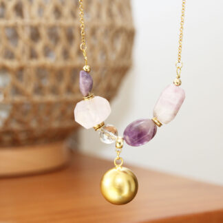 Bola de grossesse avec pierres naturelles pour l'apaisement : quartz rose, améthyste, kunzite